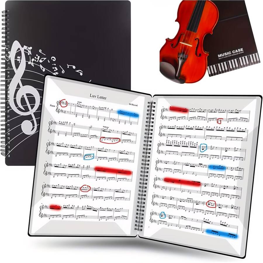 Professioneller A4 schwarzer Spiral Notenhefter, 20 Blatt 40 Seiten doppelseitiges Notizbuch, verstellbar für Klavier, Gitarre, Geige Notenlagerung, Schulbedarf, Schulanfangbedarf, Schulstationerei - A - Übersicht 1