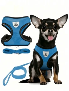 Set di guinzaglio e pettorina per animali domestici per tutte le stagioni, design in rete traspirante e confortevole con strisce riflettenti, leggero, anti-soffocamento, anti-fuga e regolabile, adatto per cani di piccola taglia, cani di media taglia e gatti - Blu - Visualizzare 2