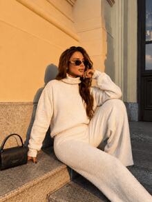 Women's Stylish Cropped Mousse Knit Set With High Neck And Ribbed Wide-Leg Pants - Exclusive - White - View 1