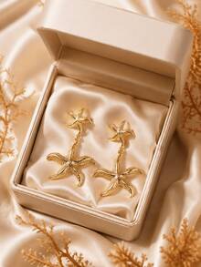 1 Pair Double Starfish Gold Dangle Earrings, Textured Ocean Design For Beach And Vacation Outfits. - Yellow Gold - View 7