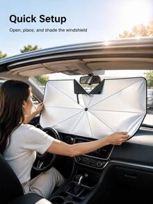 Minimalist, Portable Car Windshield Sunshade Umbrella; Features A Reflective Titanium-Silver Coating And A Foldable, Easy-To-Store Umbrella Design; Provides Sun Protection, Heat Insulation, And Interior Protection. - Multicolor - View 3