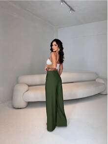 Elegant Women's Wide-Leg Trousers With Pockets. - 綠葉 - 查看 2