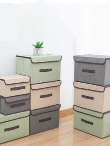 1pc Washable Linen Foldable CD Storage Box, Collapsible Storage Bin With Lid, Toy Organizer Basket, Laundry Basket - Khaki - View 8