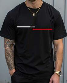 Manfinity Homme Camiseta De Manga Corta Con Diseño De Líneas Impresas De Moda Para Hombres De Talla Grande - Negro - Ver 1