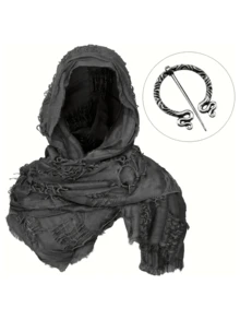 1Pc Post-Apocalyptic Distressed Scarf Shawl And Brooch Set, Medieval Renaissance Viking Style Faded Cloak, Halloween Costume Accessory - Style a - View 5