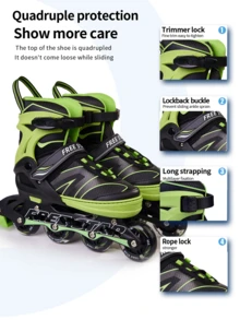 FREE STAR Multi-Color Sports Style SH0122D-26 High Elasticity Shiny Colorful PU Inline Roller Skates, Comfortable Soft Inner Liner, Adjustable Growth Size, Beginner Entry-Level Training, Unisex Casual Outdoor Shoes - Green - View 10