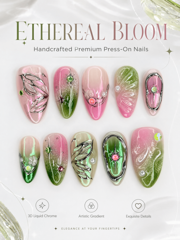 NAIO 10pcs 3D Liquid Butterfly & Gem Pearl Decor Gradient Glitter Design, Glossy Pink & Green Full Coverage Press-On Nails, Ethereal Floral Fairy Style, Suitable For Almond-Shaped Nails, Perfect For Women & Girls Daily & Party Wear