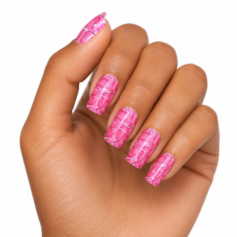 Finger Queen Short Square Geometric Pink False Nails 24pcs Card - Geométrica Rosa Rosa - Ver 1