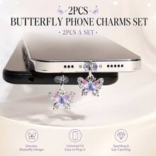 Tapón de polvo para teléfono con mariposa de strass - Anti-suciedad, impermeable, anti-caída, compacto & lindo, duradero, material de aleación, puede almacenar residuos, accesorio electrónico decorativo - Adecuado para auriculares, interfaz Tipo-C de computadora. Compatible con interfaz Tipo-C e interfaz Micro (Compatible con todos los modelos de la serie 15 16 17). - Morado - Ver 12