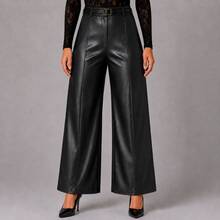 Black Leather Wide-Leg Pants With Belt - Autumn/Winter 2026 - 黑色 - 查看 5