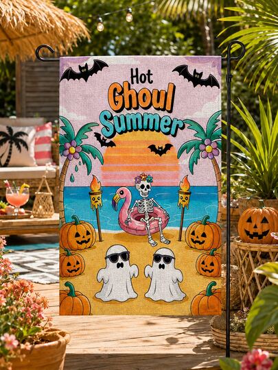 1 pieza - Banderas de jardín de lino de doble cara populares y espeluznantes de verano y Halloween, banderas de patio con calavera de playa, flamenco, fantasma y calabaza, banderas de Halloween para piscina, patio y playa al aire libre, adecuadas para patios traseros, céspedes, casas y banderas festivas de temporada para el hogar