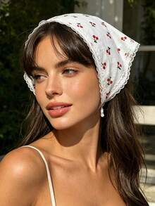 1pc Lace Headband Bandana, Red Floral Paisley Triangular Scarf, Checkered Beach/Travel/Photo Prop Accessory, Fashionable Headwear For All Seasons,Festival,Birthday - Red - View 16
