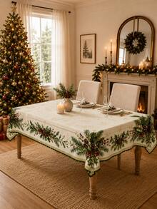 1pc Watercolor Pine Cone & Holly Berry Print Round Tablecloth, Suitable For Neutral Winter Decor, Home Decor, Room Decor, Bedroom Decor, Garden, Kitchen, Farmhouse Style Holiday Party And Christmas Celebration - Multicolor - View 3