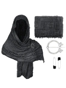 1Pc Post-Apocalyptic Distressed Scarf Shawl And Brooch Set, Medieval Renaissance Viking Style Faded Cloak, Halloween Costume Accessory - Style a - View 7