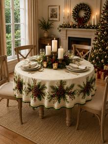 1pc Watercolor Pine Cone & Holly Berry Print Round Tablecloth, Suitable For Neutral Winter Decor, Home Decor, Room Decor, Bedroom Decor, Garden, Kitchen, Farmhouse Style Holiday Party And Christmas Celebration - Multicolor - View 15