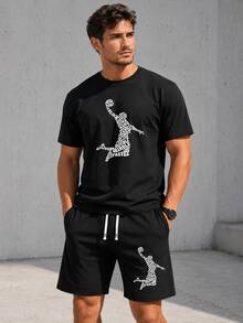 2 Stücke/Set Herren Sommer Kurzarm T-Shirt & Shorts Set, personalisiertes Motiv mit Buchstaben Muster, lässige Outfits mit Tasche & Kordelzug-Taille Hose, geeignet für Pendeln, Streetwear, Geschenk für Ehemann, Freund - Schwarz - Übersicht 1