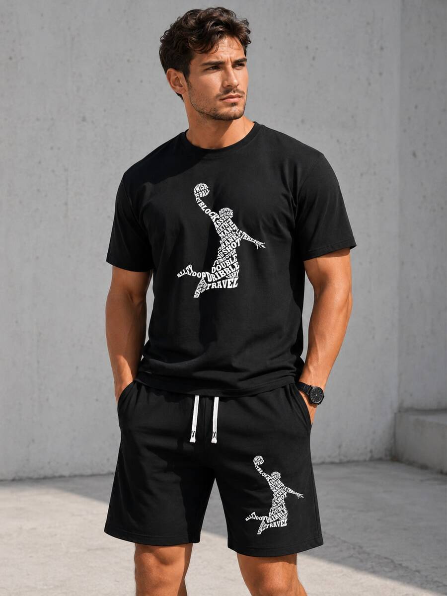 2 Stücke/Set Herren Sommer Kurzarm T-Shirt & Shorts Set, personalisiertes Motiv mit Buchstaben Muster, lässige Outfits mit Tasche & Kordelzug-Taille Hose, geeignet für Pendeln, Streetwear, Geschenk für Ehemann, Freund - Schwarz - Übersicht 1