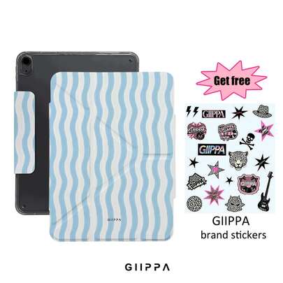 GIIPPA 1件 藍色與米色垂直條紋印花 磁吸可拆卸 Y-Fold 防彎曲防震平板保護殼，適用於 iPad Mini 6/7、Air 2/3/4/5/11/13 吋 (M2/M3 2024-2025)、5/6/7/8/9/10/11 代、Pro 10.5/11/12.9 吋 (2017-2025)，學院風保護套，A16 10 代保護殼，平板，辦公