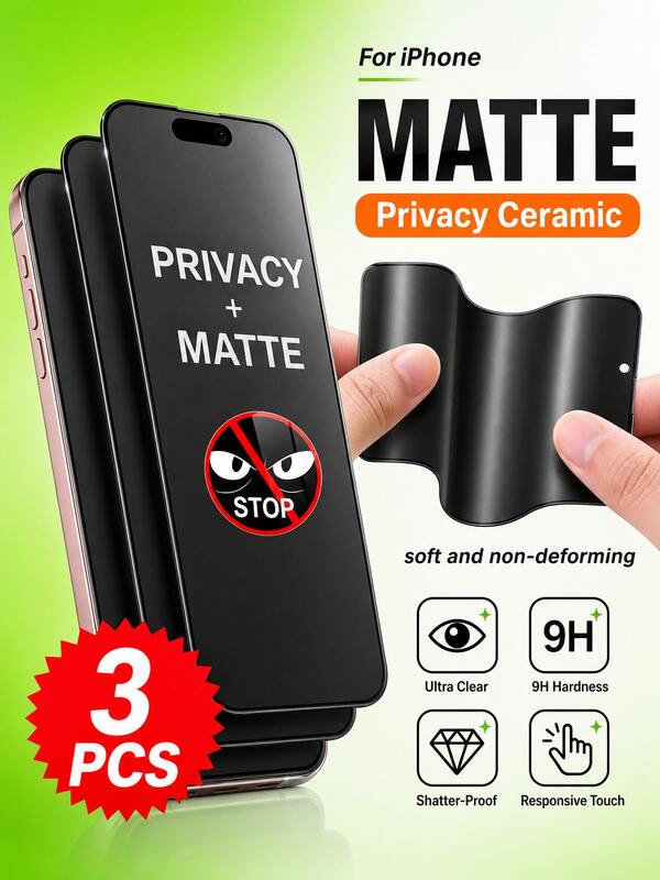 3pcs Matte Privacy Ceramic Soft Film, Privacy Protection Screen Protector, Non-Tempered Glass Material, Anti-Glare, Anti-Scratch, Anti-Fall Protection, Smooth Touch, Bubble-Free Application, Full Screen Coverage, Case Friendly Compatible With IPhone 17/17 Air/17 Pro/17 Pro Max/16/15/14/13/12/11/XS/MAX/7/8 Series