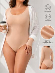 1pc Plus Size Nude Seamless Long Sleeve Bodysuit, U-Neck Ribbed Fabric, Soft Bust Support With Seamless Edging, Waist Compression And Tummy Control, Smooth Back For Body Shaping, High Elasticity Soft And Comfortable, Autumn/Winter Commute Date Dress Layering Daily Wear Base Layer Shaping Top - Apricot - View 4