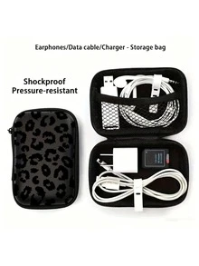 Black Leopard Print EVA Hard Shell 4.3 Inch Compact Storage Case - Travel Protective Storage Bag, Suitable For Electronic Accessories, Earphones, Hard Drives And Data Cables; Anti-Drop Zipper Pouch (Storage Case Only) - Multicolor - View 3