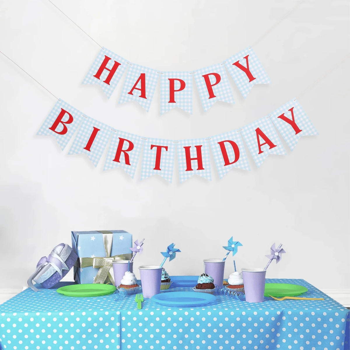 Blue And Red Happy Birthday Banner - First Birthday Decorations, Blue Checkered Red Letter Happy Birthday Banner - Multicolor - View 1