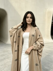 Middle Eastern Fashion Embroidered Cardigan Long Robe Arabian Dress White Linen Outerwear Women's Clothing - Khaki - View 5
