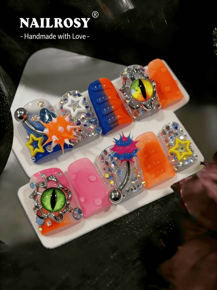 NAILROSY 10片裝鴨甲棺材形3D雕花浮雕手工穿戴甲 新娘婚禮儀式必備 純白裸色透明色 日常通勤 2026春季新品 專業沙龍級手工品質