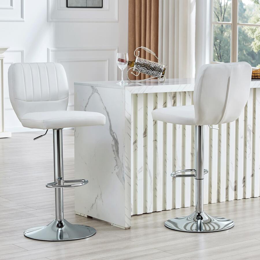 Height-Adjustable Bar Stool / 360° Swivel Bar Stool / With Backrest And Footrest / Leather Upholstery / Load Capacity 136 Kg / For The Bar At Home Or In The Office - 銀色+白色 - 查看 1