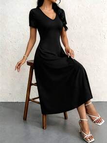 Women's Wedding Maxi Gown, Formal Occasion Long Dress With V-Neck Design, Minimalist Elegant & Sophisticated Style,Vacation Outfit Women - Black - View 1