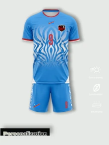 2件組 2026 足球賽事共和國主場足球套裝－客製化 Logo 短褲、藍色火焰圖案足球球衣，夏季運動 - 藍色 - 查看 2