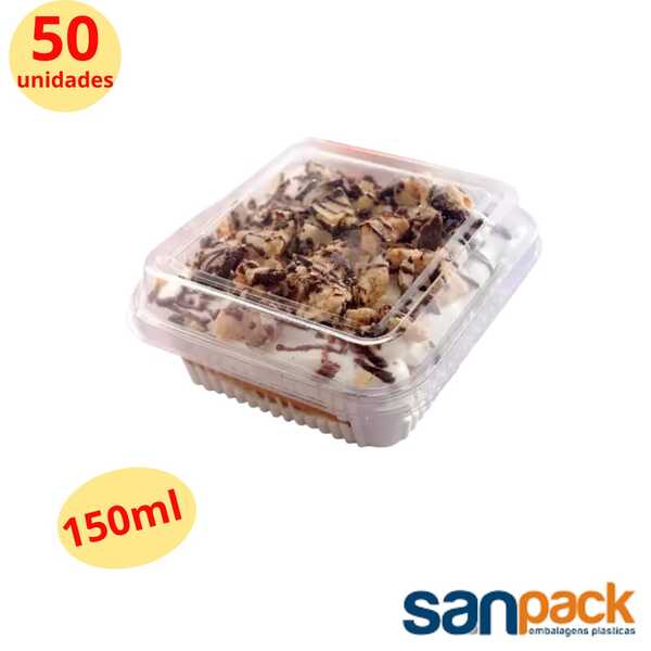 50 UnID Embalagem Pote Doce Quadrado Tampa Articulada p/ Bolos Tortas Doces em Geral Sanpack S 641