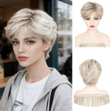 Layered Short Blonde Pixie Wigs For White Women Dark Brown Ombre Blonde Pixie Cut Wig With Bangs Synthetic Natural Looking Daily Party Wig - Multicolor - View 12