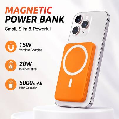 Magnetic Wireless Power Bank 5000mAh, 15W Wireless Charging & 20W PD USB C Wired Fast Charger, Suits  15 14 13 12 Pro Max Plus Mini Accessories, Chic Vibrant Orange Streetwear Style Charger, Birthday Gift Holiday Travel Road Trip Camping Gear Active Lifestyle, Convenient Daily Backup Power Pack With Smart Led Indicator Multiport Charger