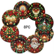 Merry Christmas 8pcs PET Coasters, Christmas Pattern Design Heat-Resistant Coasters, Washable, Affordable, Suitable For Event And Party Decor, Table Centerpiece, Halloween, Christmas, Thanksgiving Holiday Decorations - Multicolor a - View 3
