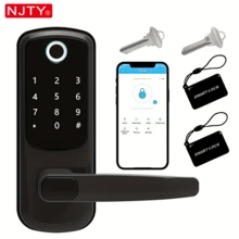 NJTY 智能指紋門鎖附把手，5合1無鑰匙進入電子門鎖，APP控制/觸控螢幕密碼/指紋/IC卡/機械鑰匙，自動上鎖鋁合金智能鎖，適用於大門、公寓、居家、辦公室 - 彩色 - 查看 11
