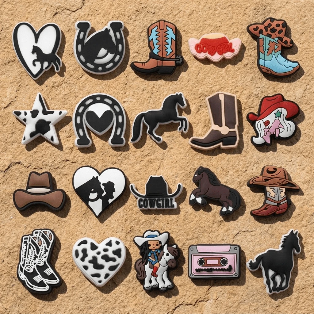 20pcs Western Cowboy Style Shoe Charms - Vintage Cowboy & Equestrian Theme (PVC) - Suitable For Various Clog Styles - Gift - Multicolor - View 1