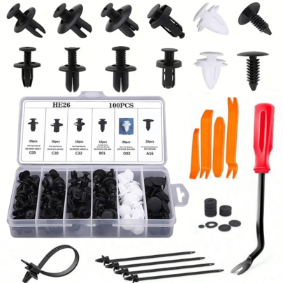 130pcs Automotive Universal Buckle Mixed Plastic Fastener Tool Set, With Disassembly Fastening Tool, Suitable For Car Bumper, Door Decoration Fastener Clip Set