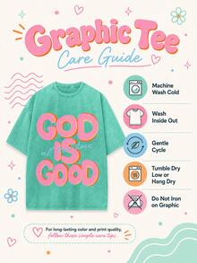Men's God Is Good Distressed Graphic Tee, Oversized Crew Neck Short Sleeve Vintage Wash T-Shirt, Unisex Boyfriend Fit - 綠色 - 查看 4