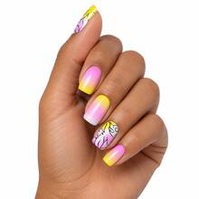 Finger Queen Short Square Floral Pink Yellow False Nails 24pcs Card - Floral Rosa Amarelo - View 1