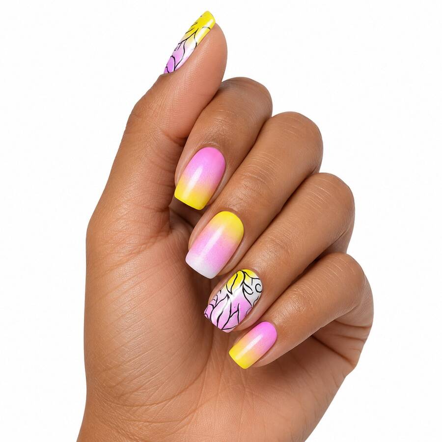 Finger Queen Short Square Floral Pink Yellow False Nails 24pcs Card - Floral Rosa Amarelo - View 1