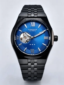 LONGLUX 1pc Men's Automatic Mechanical Watch With Hollow Roman Mixed Dial, Luxury Business Style Stainless Steel Band Wristwatch, Suitable For Daily Wear And Holiday Gift - Blue - View 5