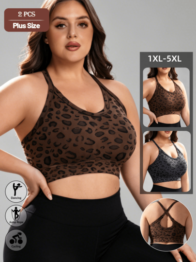 2pcs/Set Bra Olahraga Wanita dengan Tali Silang, Tank Top Yoga Tanpa Punggung Motif Leopard Baru dengan Bantalan, Ukuran Besar