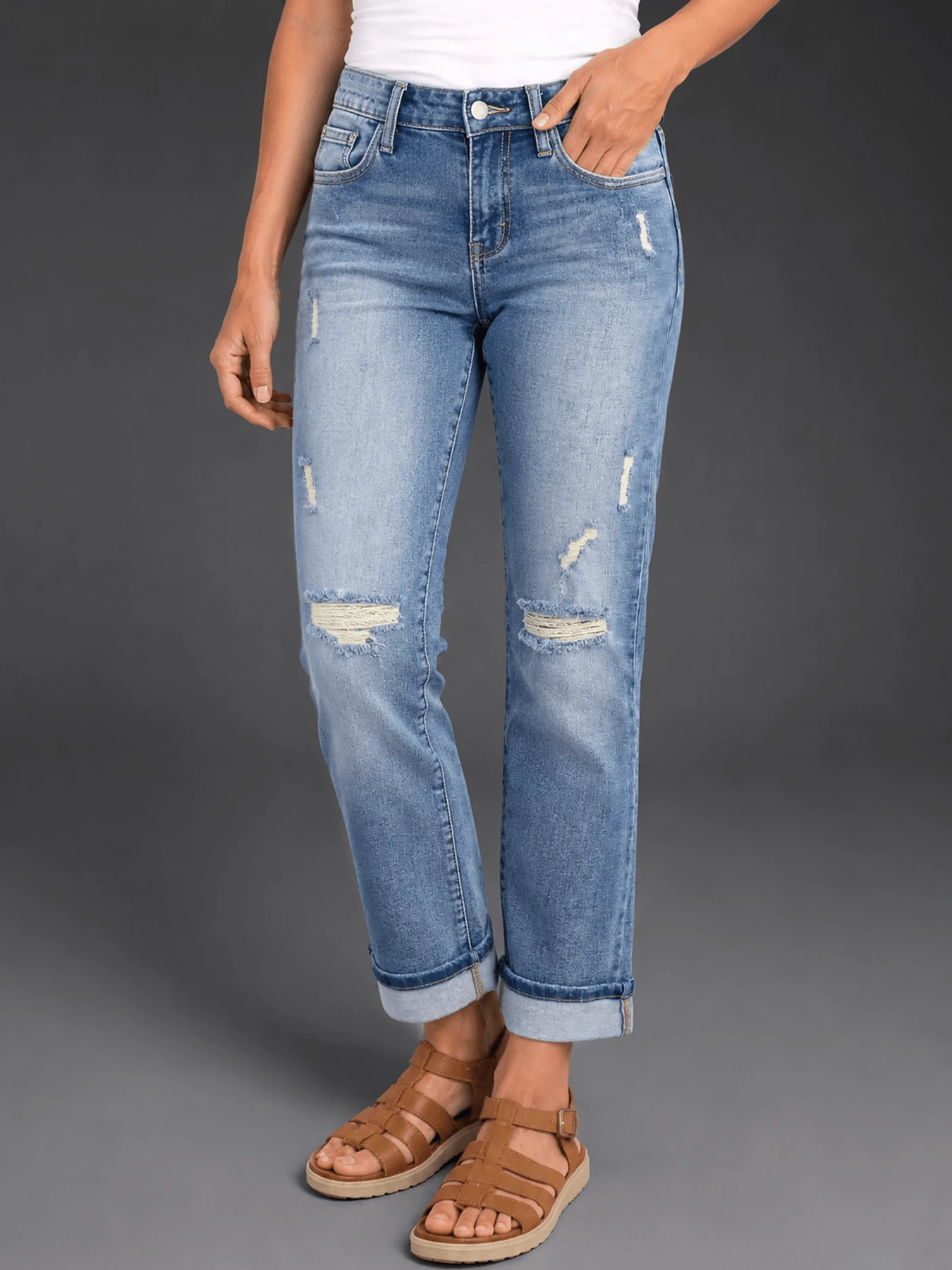 New Women's Fashion Elastic Distressed Skinny Jeans With Pockets - Elastic Straight Leg Jeans Casual Spring - Medium Wash - View 1