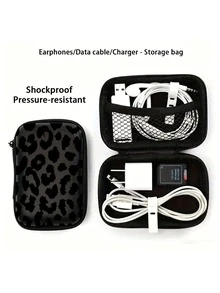 Black Leopard Print EVA Hard Shell 4.3-Inch Compact Storage Case - Travel Protective Storage Bag, Suitable For Electronic Accessories, Earphones, Hard Drives And Data Cables; Anti-Drop Zipper Pouch (Storage Case Only) - Multicolor - View 3