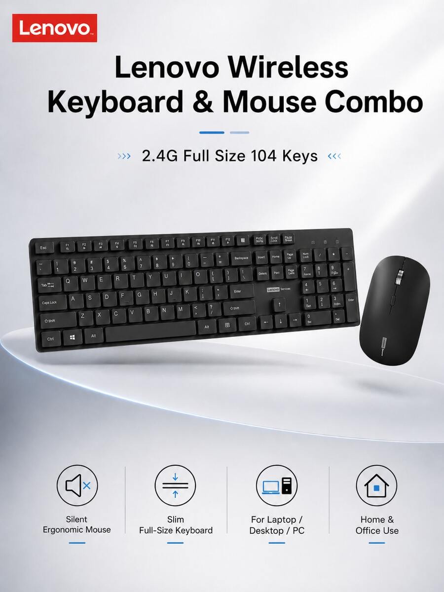 Lenovo Wireless Keyboard Mouse Combo 2.4G USB Receiver Plug And Play Full-Size Numeric Keyboard Comfortable Grip Mouse For Home Office Computer