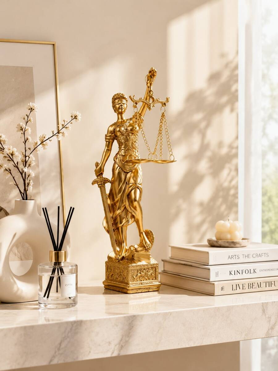 Gold Lady Justice Statue, Law Theme Lawyer Office Desk Decor, Modern Luxury Metal Finish, Executive Study Room Decorative Gift - Collector's Edition - View 1