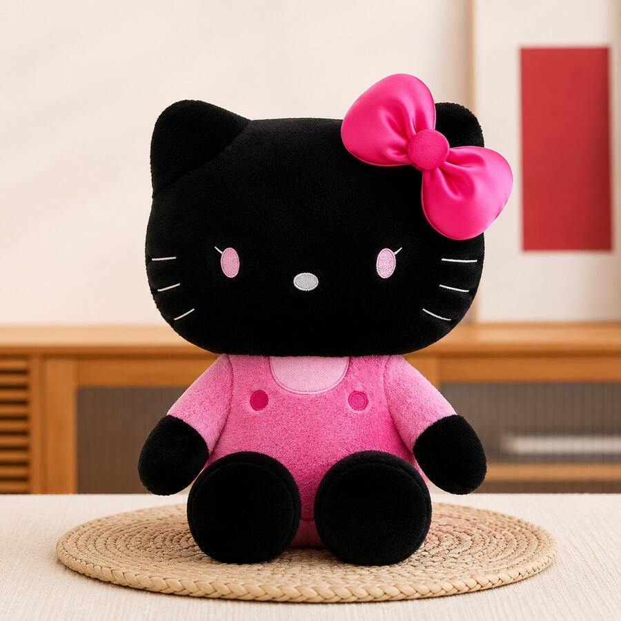 1 pieza Muñeco de peluche de gato lindo negro y rosa con lazo de satén, muñeco de animal de peluche suave, adecuado para decoración de dormitorio, almohada y regalo - Negro - Ver 1