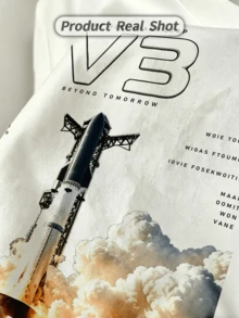 Chemise d'été décontractée pour hommes, col rond doux, manches courtes, imprimé graphique typographique thème spatial fusée V3 Starship, convient pour un usage quotidien - Blanc - Voir 2
