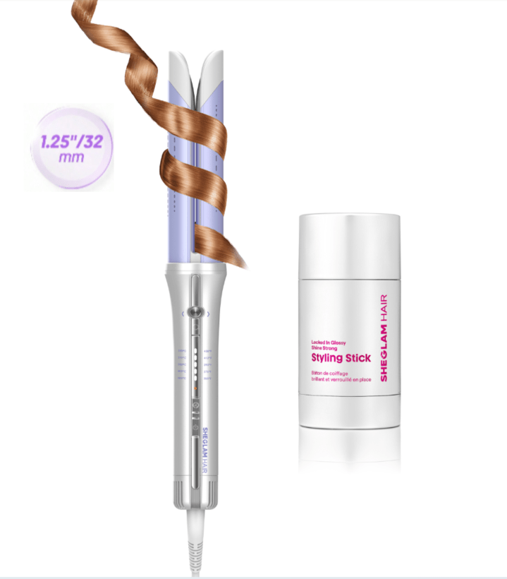 SHEGLAM HAIR Rizador One Touch Airflow Styler Pro-32mm+Glossy Shine Strong Styling Stick, rizador de aire frío con rotación automática, peinado rápido en 5 minutos, flujo de aire frío de 360°, funcionamiento con un solo toque, resultados duraderos, 5 temperaturas y protección anti-quemaduras, apagado automático, doble voltaje para cabello de longitud media, cabello largo y todo tipo de cabello.